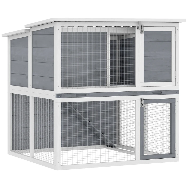 PawHut Clapier lapin extérieur cage à lapin 2 étages spacieux toit double ouverture plateau amovible 98x95x102,5cm gris