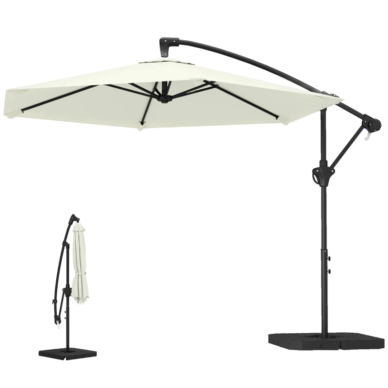 Outsunny 3 m Offset Umbrella with Cross Base and Weight Plates, Outdoor Garden Parasol with Crank, Cream