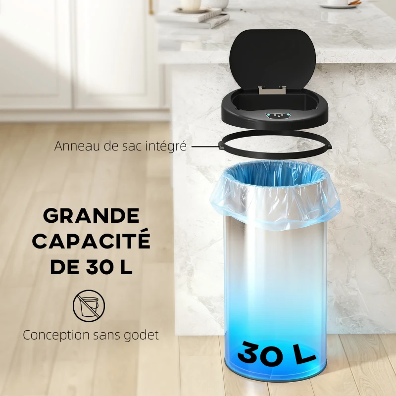 HOMCOM Poubelle de cuisine automatique 30 L en acier inoxydable, couvercle à fermeture en douceur, 32 x 30 x 68 cm, argent