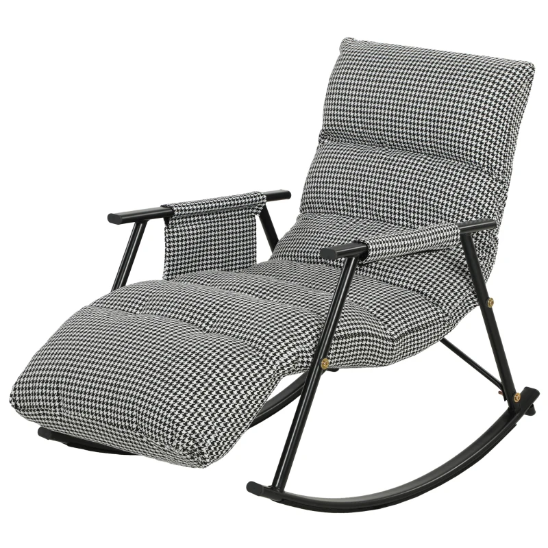 HOMCOM Poltrona Baloiço com Encosto e Apoia-Pés Ajustáveis 105° Estofada em Linho com Bolso Lateral e Estrutura de Metal Preto e Branco
