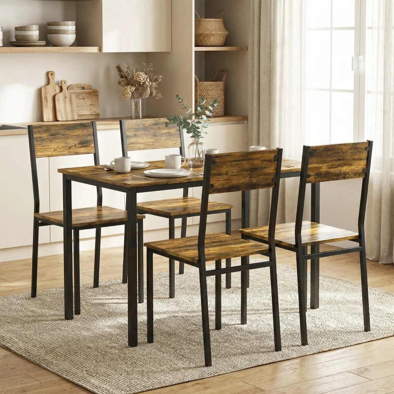 HOMCOM Set masă sufragerie cu 4 scaune, masă de bucătărie pentru 4 persoane, picioare din metal, maro rustic