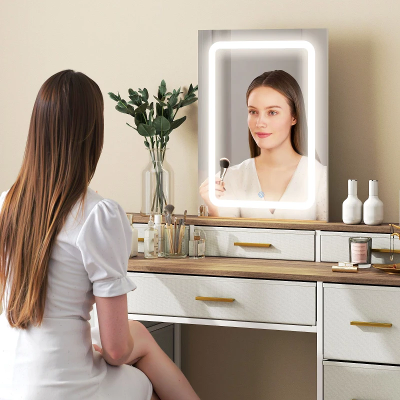 HOMCOM Coiffeuse avec miroir et lumières LED 3 couleurs, table de maquillage 10 tiroirs en tissu, 118,5 x 39,5 x 140 cm naturel