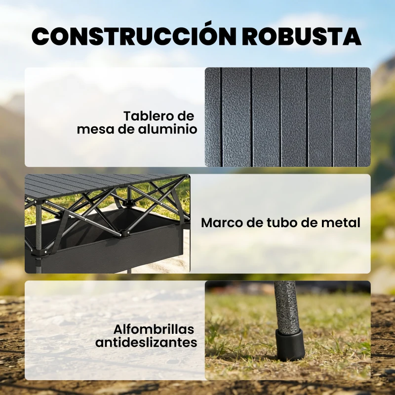 Outsunny Mesa Plegable Camping 93x55x68 cm con Red de Almacenamiento Encimera Enrollable de Aluminio Bolsa de Transporte Negro