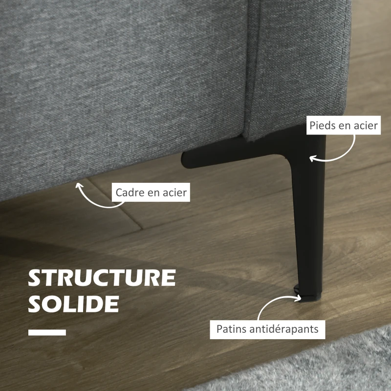 HOMCOM Canapé 2 places contemporain piètement métal noir tissu aspect lin gris foncé