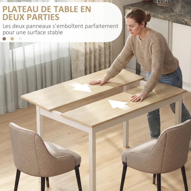 HOMCOM Table à manger table de cuisine structure en bois massif 4 personnes design vintage 120 cm naturel et blanc