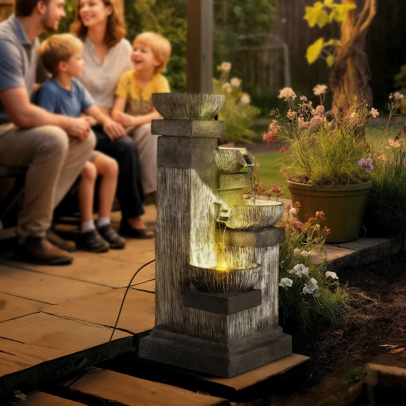 Outsunny Fontana da Giardino a Cascata a 4 livelli con luci LED, resina, 38 x 36 x 85 cm, grigio