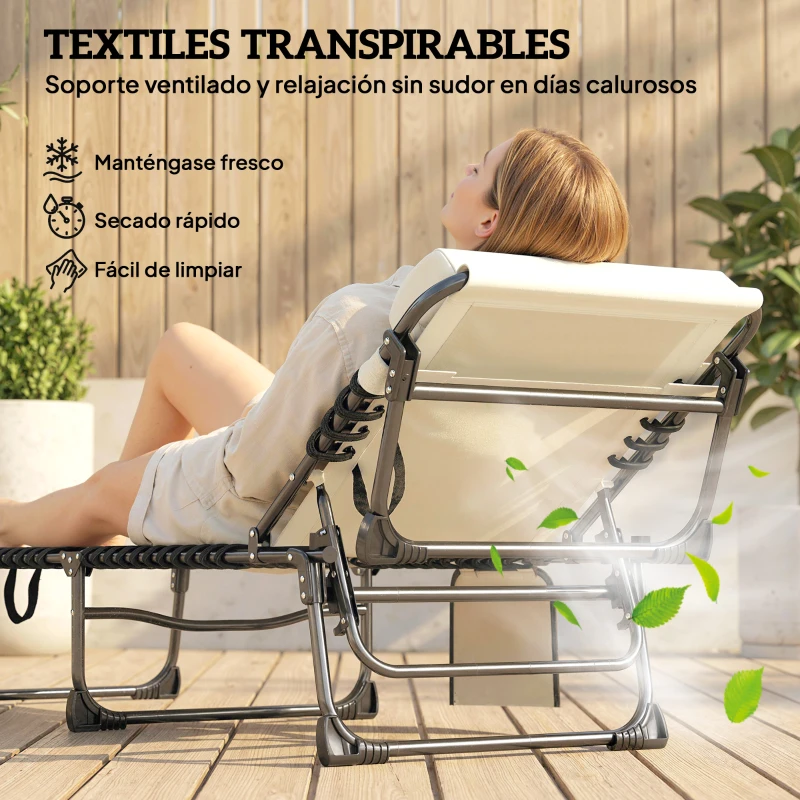 Outsunny Set de 2 Tumbonas Plegables con Reposacabezas Bolsillo Lateral y Respaldo Reclinable en 5 Posiciones Blanco Crema