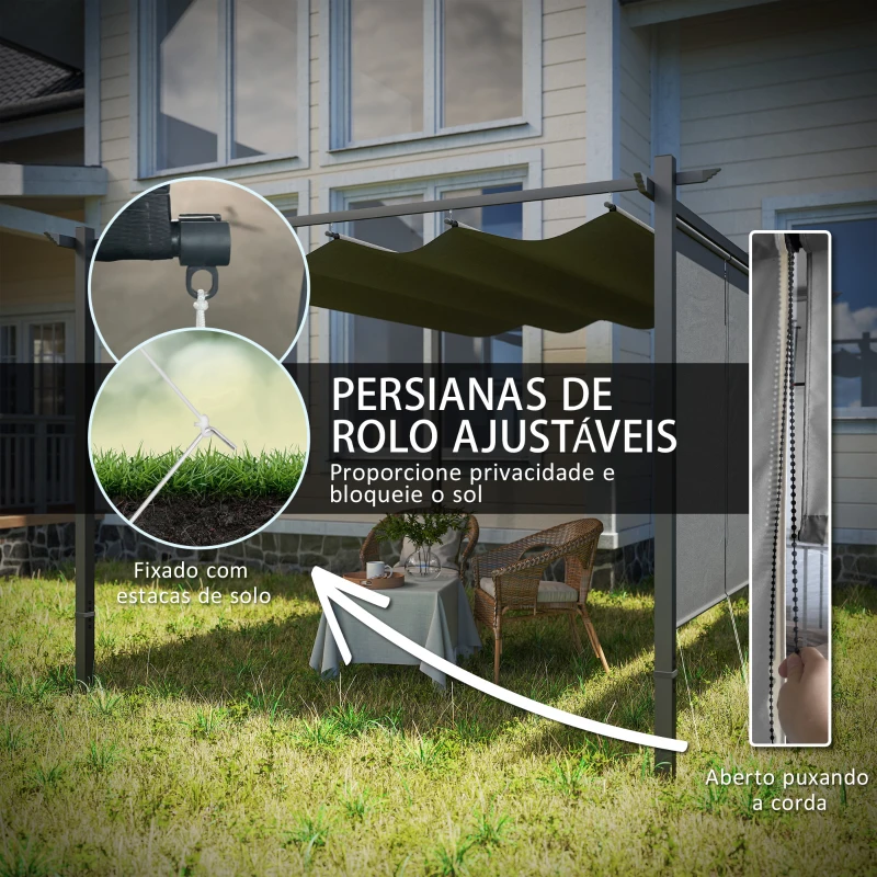 Outsunny Pérgola com Teto Retrátil de 390x293x220 cm Pérgola de Parede ou Independente com Lados Enroláveis Proteção UV30+ Cinzento