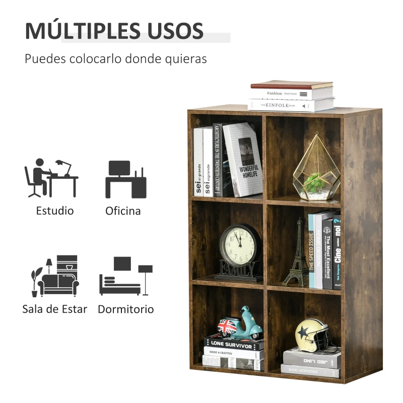 HOMCOM Librería de 3 Niveles Estantería para Libros con 6 Cubos de Almacenaje para Estudio 65,5x30x97,5 cm Marrón Rústico