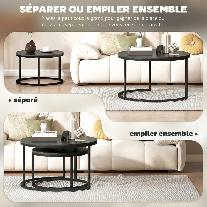 HOMCOM Lot de 2 tables basses gigognes empilable design industriel pieds en métal noir