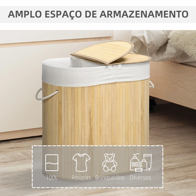 HOMCOM Cesto de Roupa Suja de Bambu 100L com 2 Compartimentos e Forro Removível 62,5x37x60,5 cm Madeira