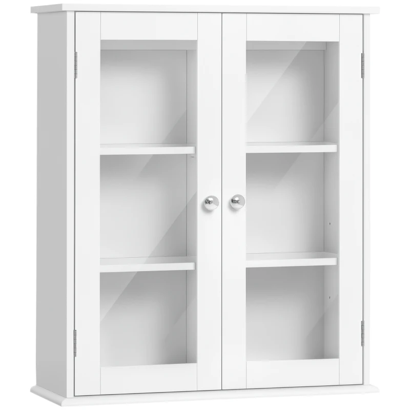 kleankin Armoire murale de salle de bain, meuble haut salle de bains avec 2 portes en verre, étagère réglable, 55x20x65cm, blanc