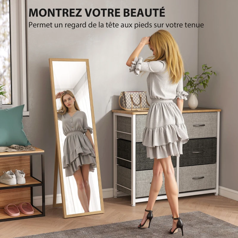 HOMCOM Miroir rectangulaire sur pied miroir de sol pour vestiaire salon salle de bain couloir 40 x 47 x 147 cm naturel