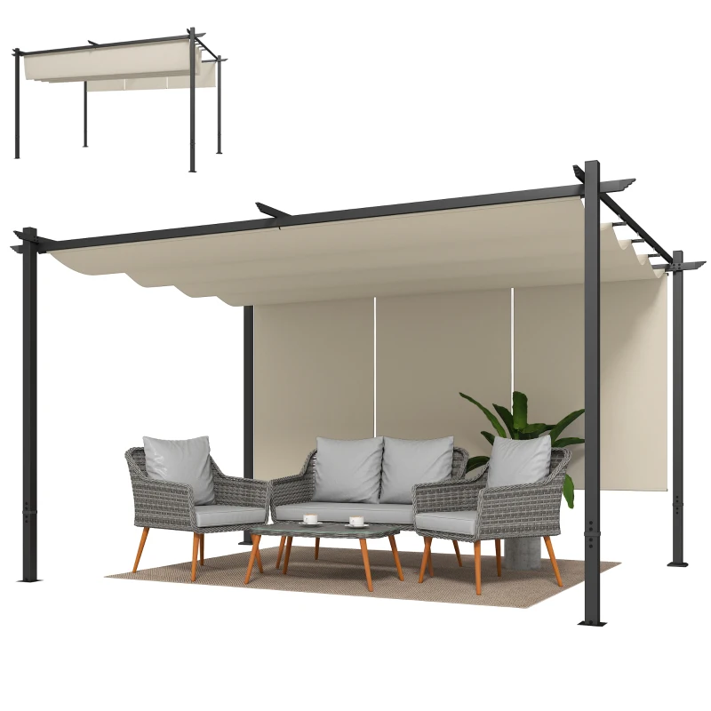 Outsunny Pérgola com Teto Retrátil de 390x293x220 cm Pérgola de Parede ou Independente com Lados Enroláveis Proteção UV30+ Bege