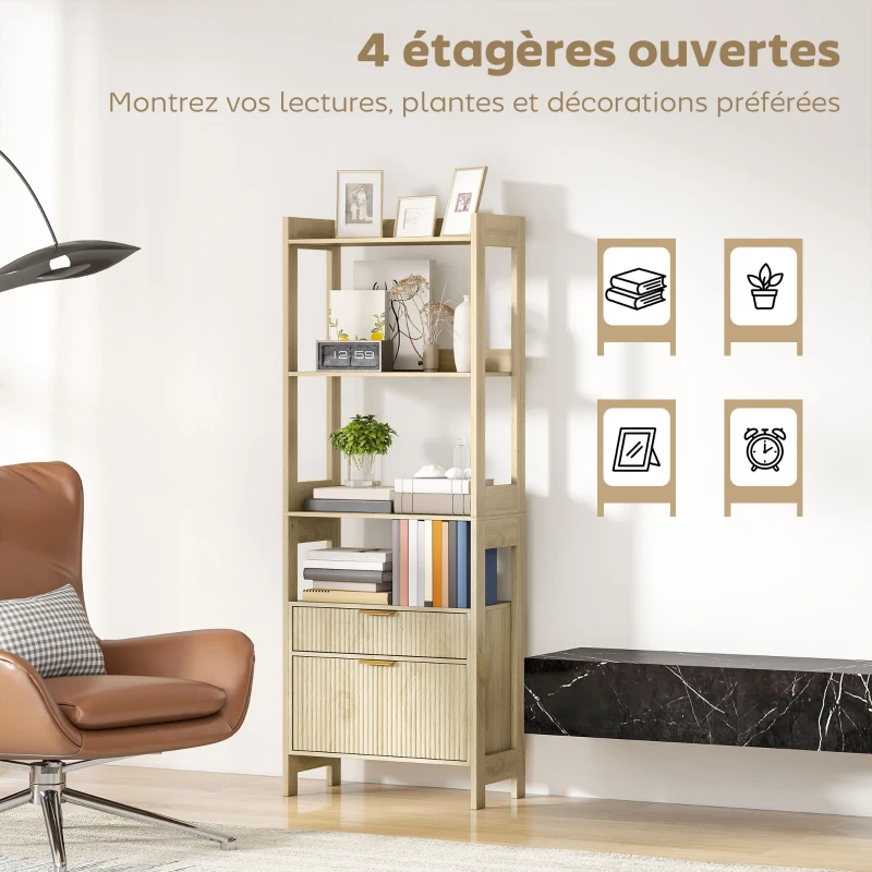 HOMCOM Bibliothèque haute, meuble de rangement avec 4 étagères ouvertes et 2 tiroirs cannelés, 60 x 30 x 160 cm, bois naturel