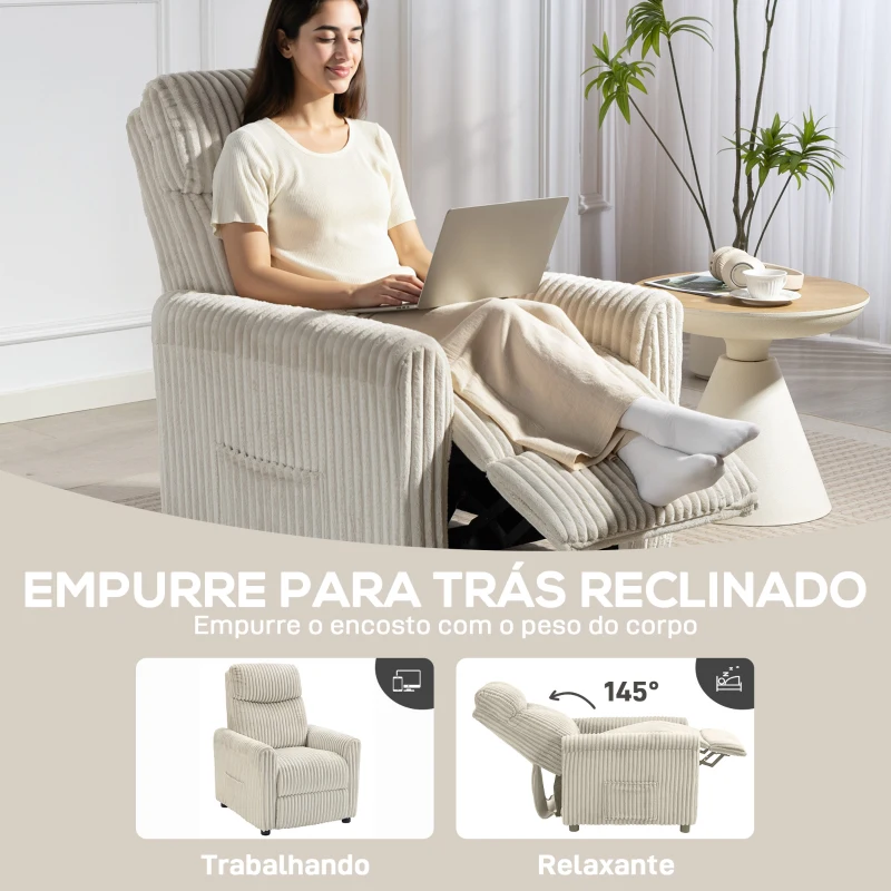 HOMCOM Poltrona Relax Reclinável Manual Estofada em Veludo com Apoio para Pés 73x86x100 cm Creme