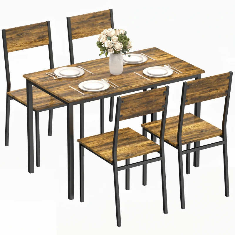 HOMCOM Conjunto de Mesa de Jantar com 4 Cadeiras Mesa de Cozinha para 4 Pessoas Pés em Metal Castanho Rústico