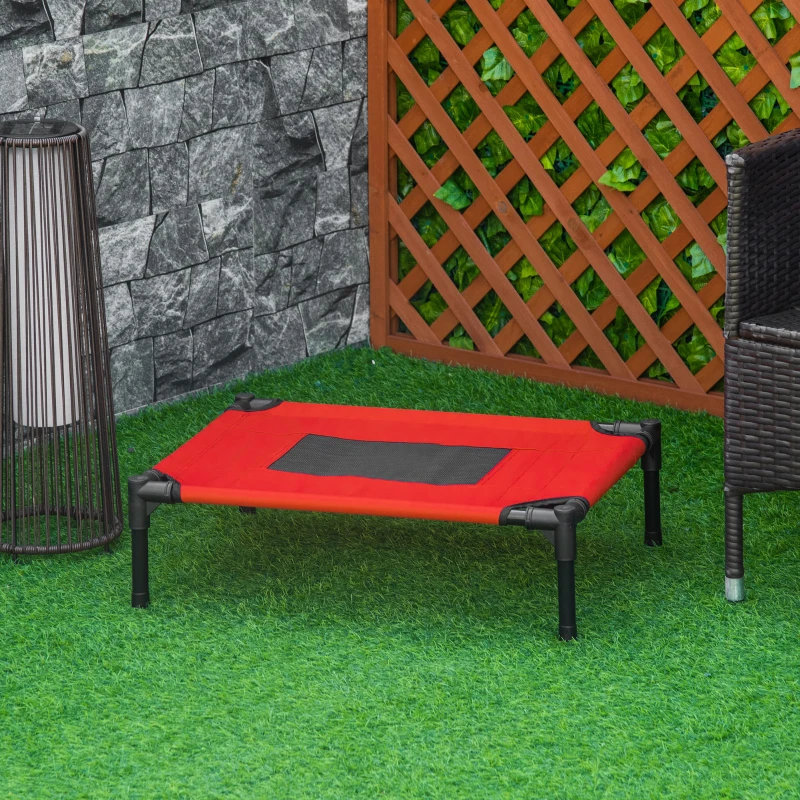 PawHut Lit surélevé pour chiens chats animaux de compagnie tissu oxford textilène micro-perforé 61 x 46 x 18 cm rouge et noir
