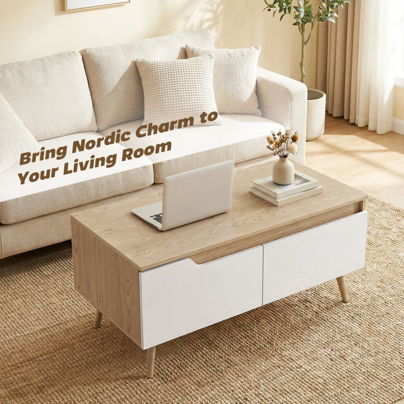 HOMCOM Mesa de Centro com 2 Gavetões e Pés de Madeira de Borracha 100x50x46 cm Carvalho