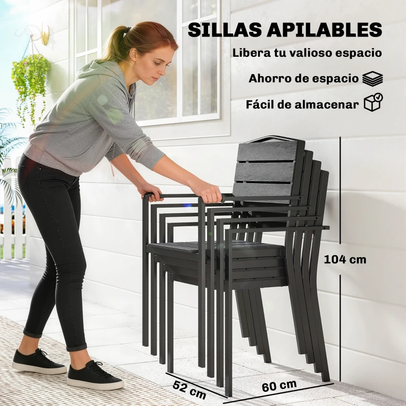 Outsunny Juego de 4 Sillas de Jardín Exterior Apilables con Reposabrazos Respaldo y Asiento Marco Metálico 52x51x90 cm Negro