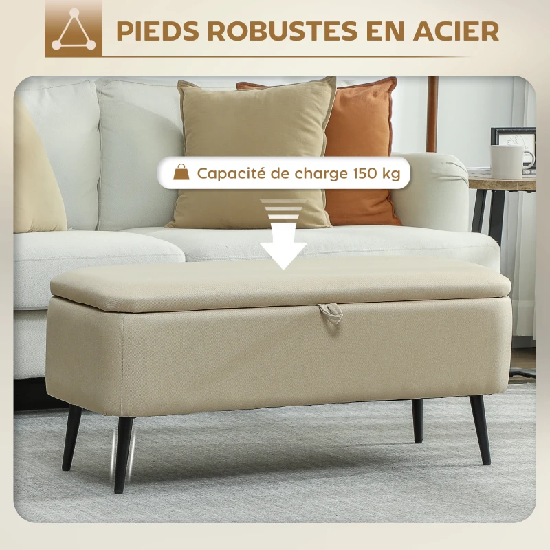 HOMCOM Banc banquette coffre de rangement 2 en 1 en tissu avec pieds en acier noir 102 x 40 x 39,5 cm beige