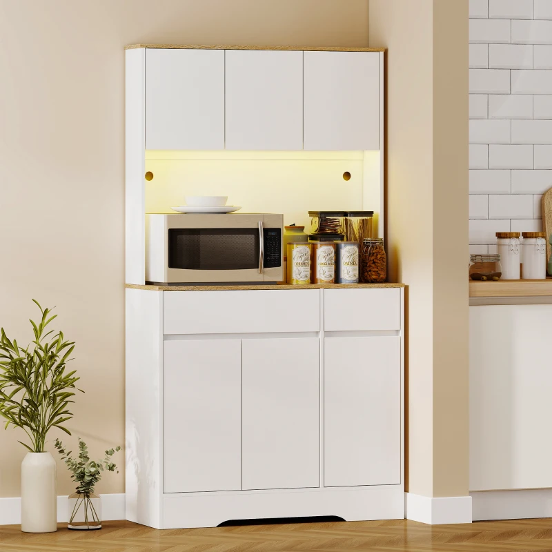 HOMCOM Aparador de cocina mueble alto con luz LED RGB, encimera, 6 puertas, 2 cajones, blanco