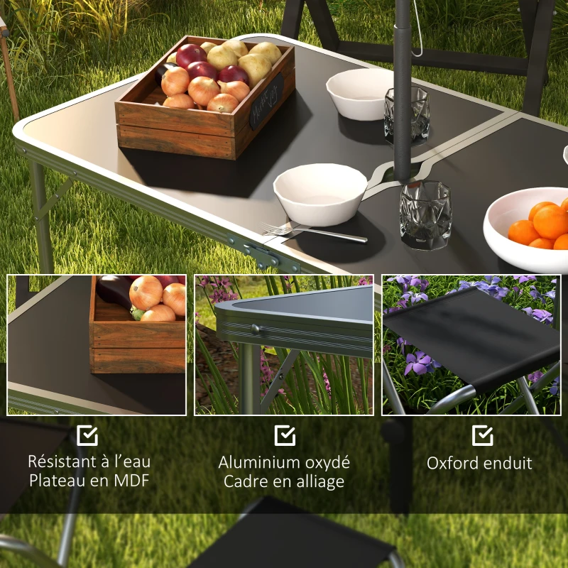 Outsunny Ensemble table et chaise de camping, Table de Camping avec 4 chaises Pliantes, 120x60x55-70cm Gris foncé