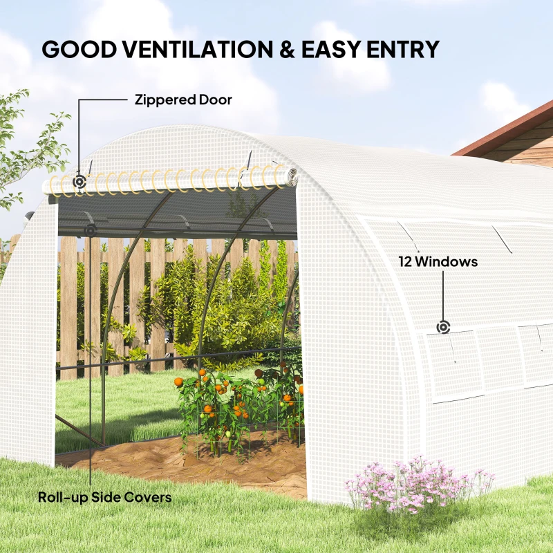 Outsunny 4 x 3 x 2 m Polytunnel Greenhouse with Roll-up Side Walls, Walk-in Grow House Tent with Steel Frame, Reinforced Cover, Zipped Door and 12 Mesh Windows for Garden, White