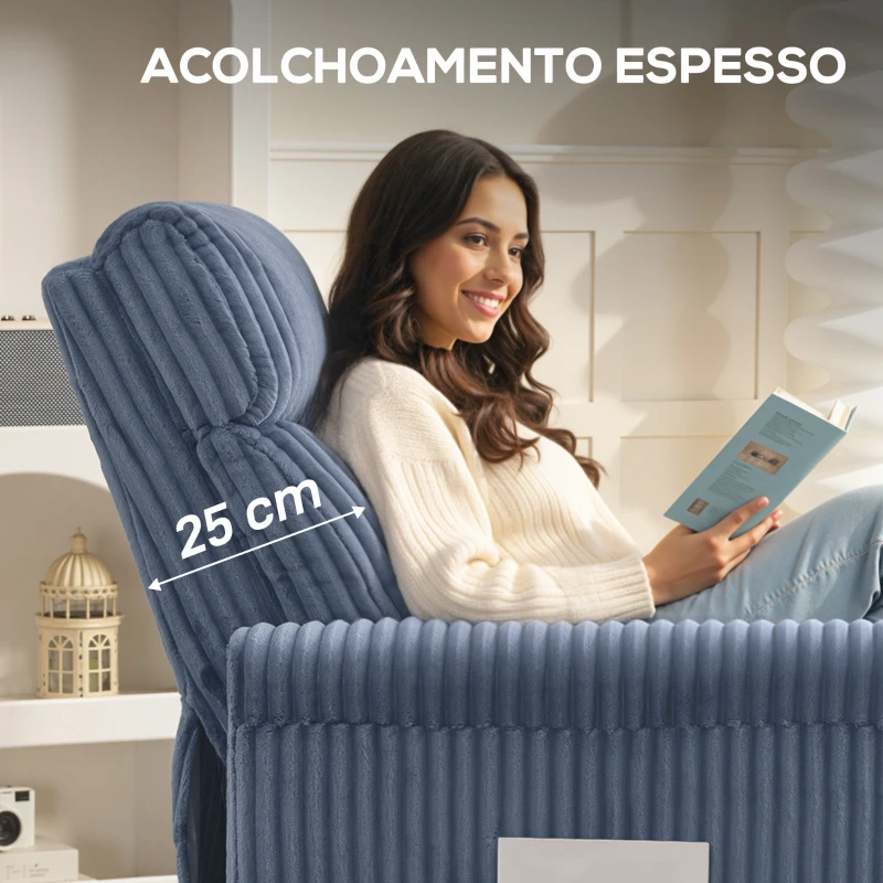 HOMCOM Poltrona Relax Reclinável Manual Estofada em Veludo com Apoio para Pés 73x86x100 cm Azul Escuro