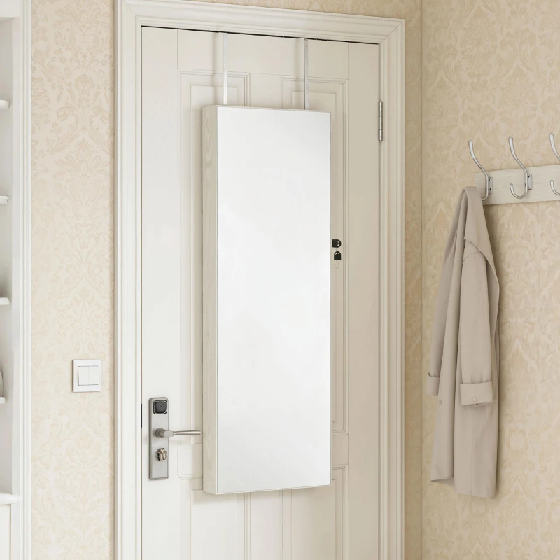 HOMCOM Espelho de Joias com Luz LED, Armário Montado na Parede ou Porta com Fechadura e Espelho Branco de Corpo Inteiro