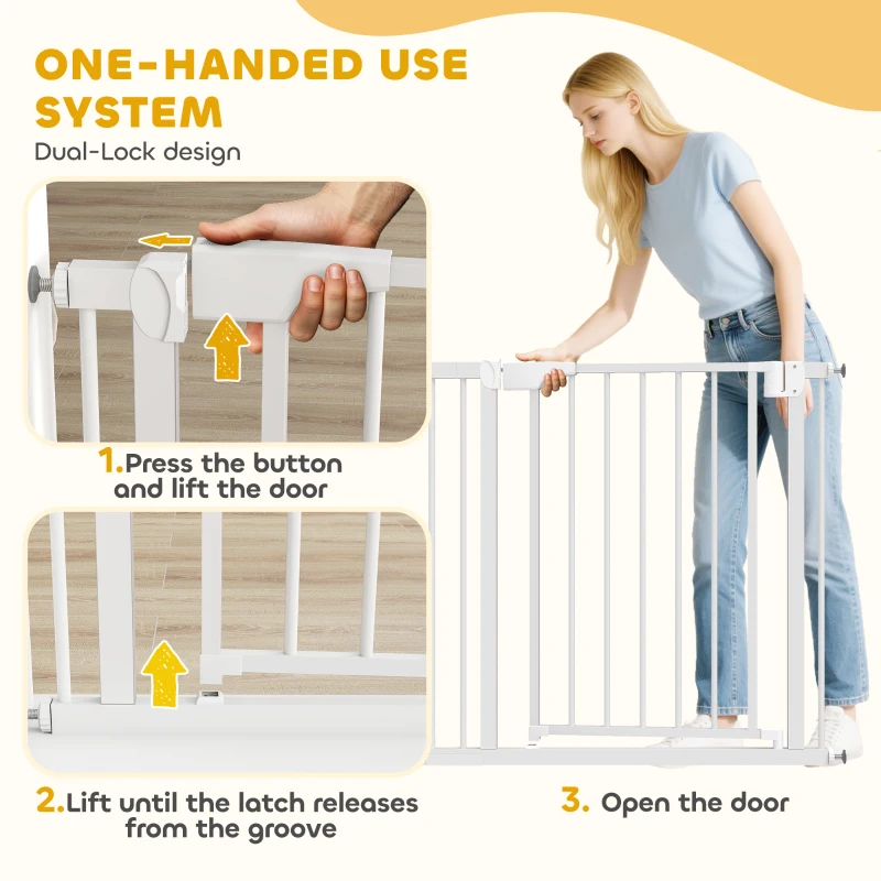 PawHut Bramka Ochronna Bez Wiercenia z Automatycznym Zamykaniem dla Dzieci i Zwierząt 76–89 x 76 cm, Biała