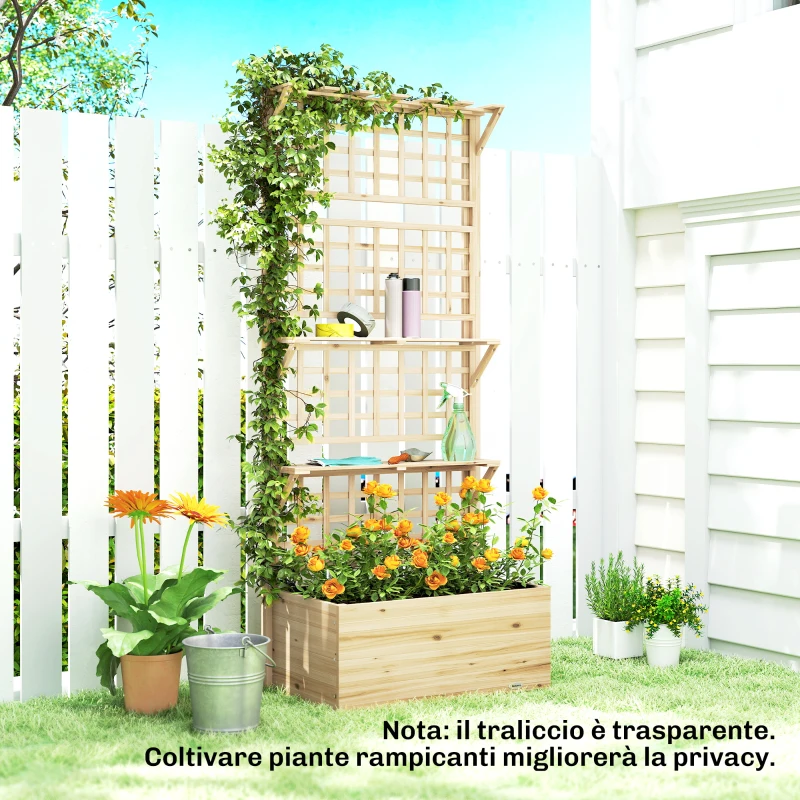 Outsunny Fioriera Rialzata in Legno con Traliccio, Tetto e 2 Mensole, 76x43.5x177 cm, Legno Naturale