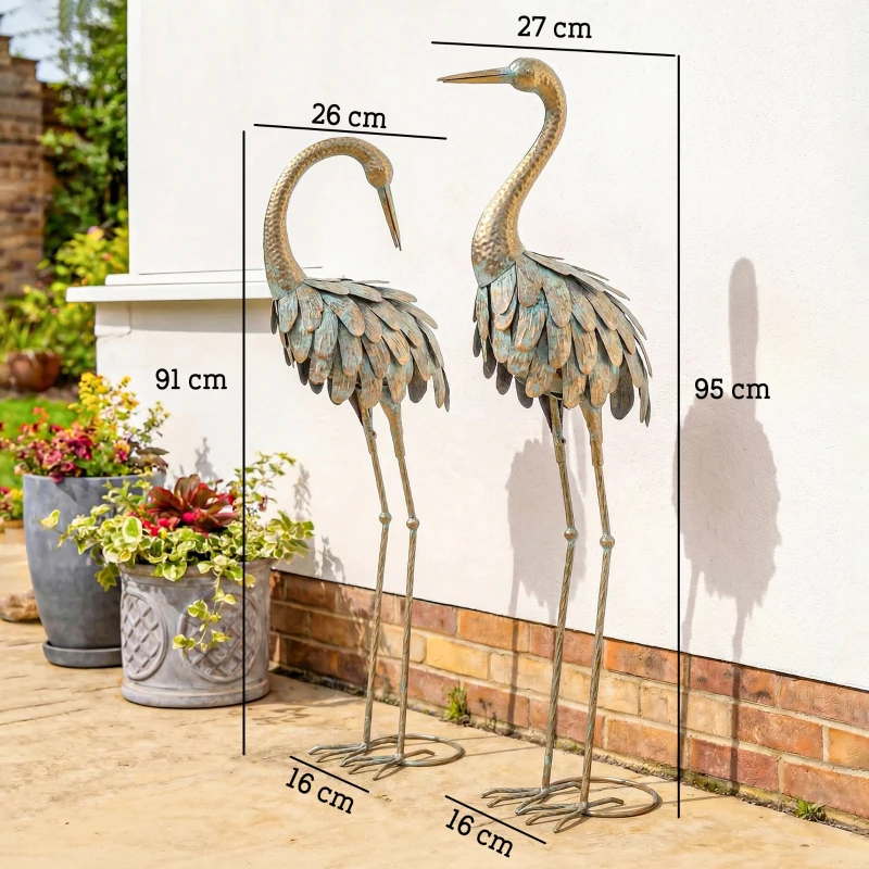 Outsunny Lot de 2 Statues de Jardin, Sculpture de Héron en Métal, Statues d'oiseaux 91/95cm, pour Cour, Étang, Terrasse, or/bleu