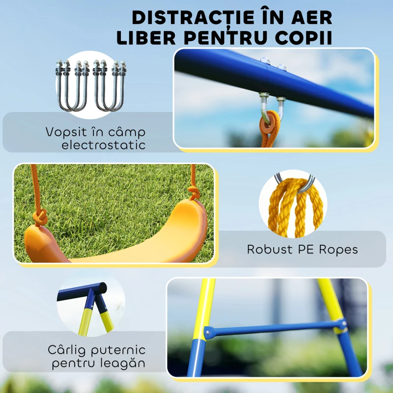 AIYAPLAY Set Leagăn de Grădină 3 în 1 pentru Copii cu Leagăn în Picioare, Inele Gimnastice, Cadru A din Oțel, Leagăne Duble pentru Copii, Capacitate 150kg, Exterior, 3-8 Ani, 285x160x181 cm