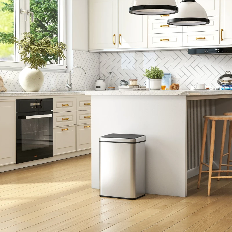 HOMCOM Cubo con Sensor de 40 L, Tapa con Cierre Suave, Cubo de Cocina Automático Acero Inoxidable, Plateado