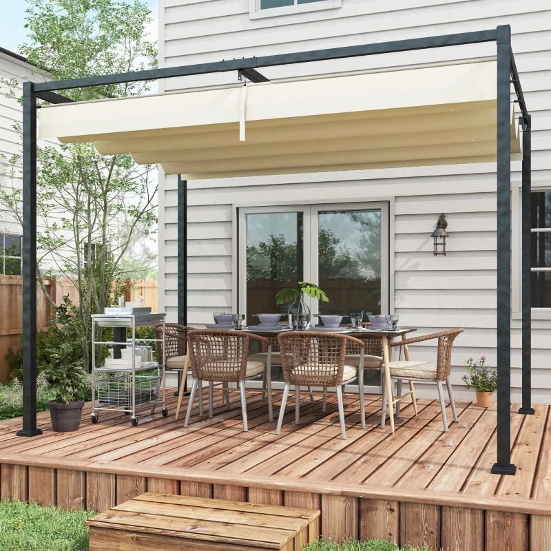 Outsunny Pergola Gazebo da Esterno 3x2 m con Tettuccio Retrattile in Metallo e Poliestere, Crema e Grigio