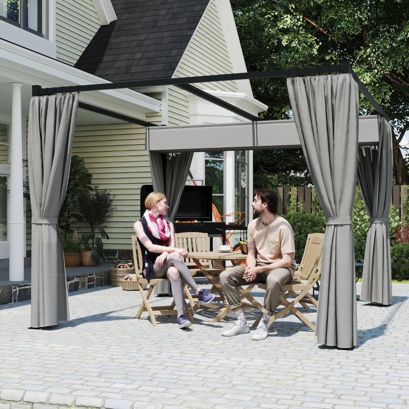 Outsunny Pergola da Giardino con Tetto Retrattile e Tende, in Metallo e Poliestere, 300x300x227 cm, Grigio Chiaro