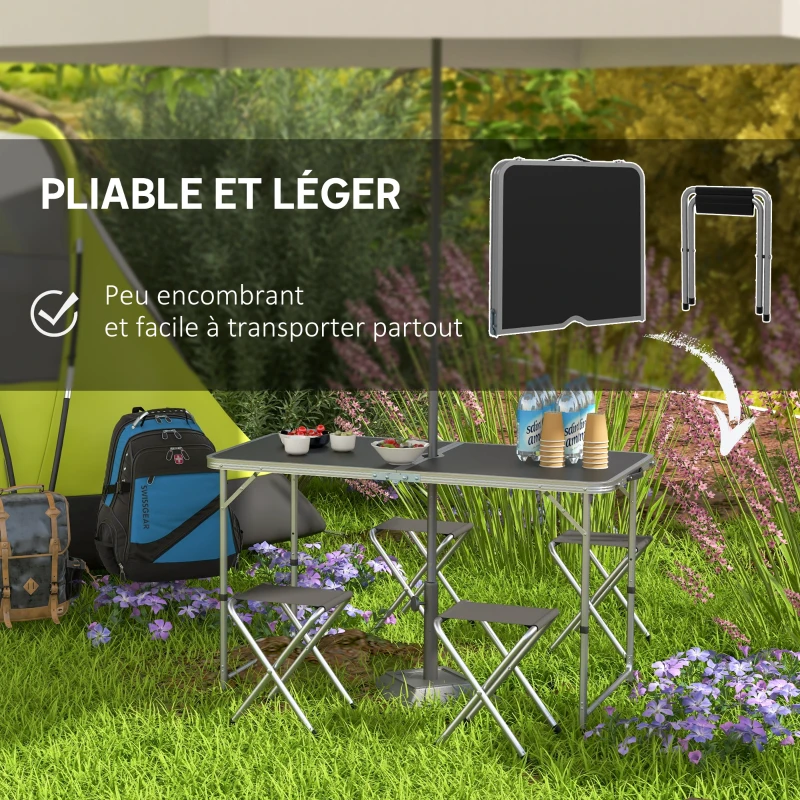 Outsunny Ensemble table et chaise de camping, Table de Camping avec 4 chaises Pliantes, 120x60x55-70cm Gris foncé