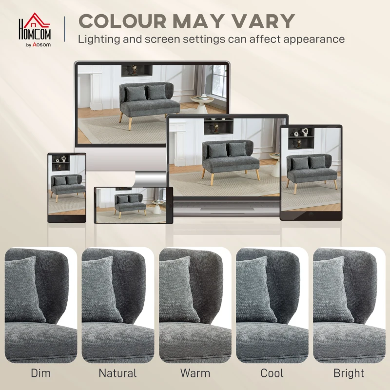 HOMCOM 2-osobowa sofa, mała sofa z chenille, oparcie skrzydłowe, grube siedzisko, nogi z drewna kauczukowego, szara