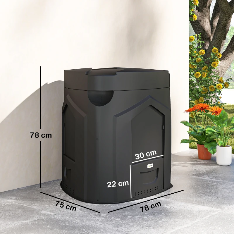 Outsunny Compostador de jardín, 240L, contenedor de compost exterior, en polipropileno, 3 Puertas, 66 Ventilaciones, 78 x 75 x 78 cm, Negro