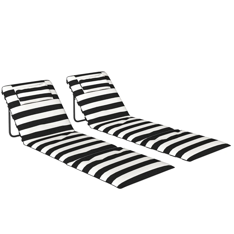 Outsunny Lot de 2 Tapis de Plage Pliables avec Dossier Réglable Appui-tête Rembourré 150x50x2 cm Gris et blanc