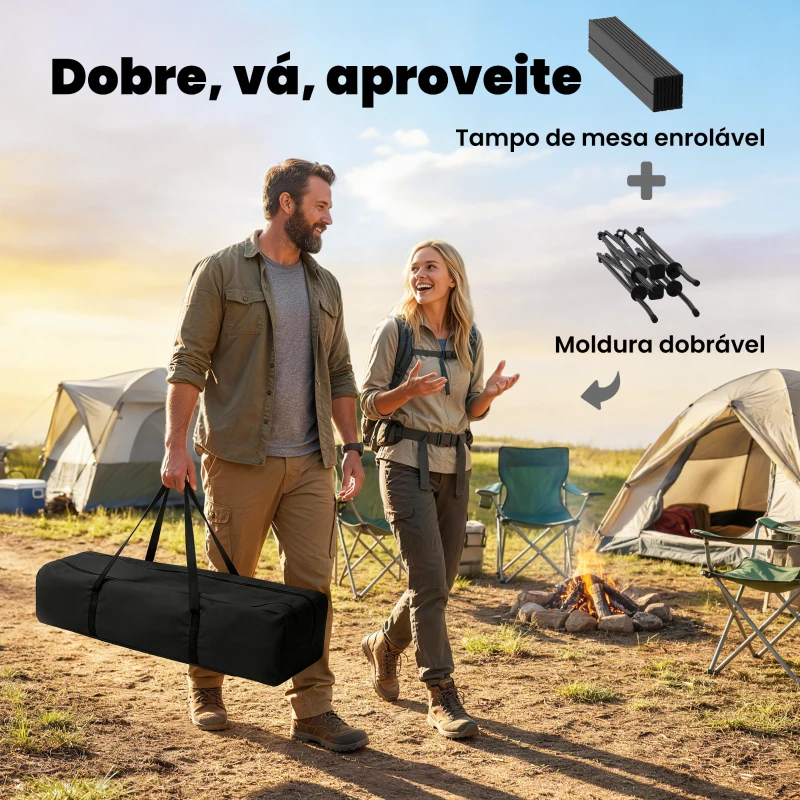 Outsunny Mesa Dobrável de Campismo 93x55x68 cm com Rede de Armazenamento Tampo Enrolável em Alumínio Saco de Transporte Preto
