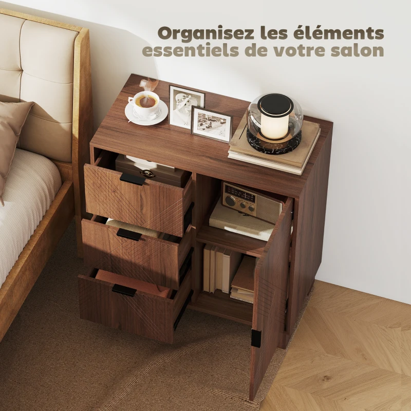 HOMCOM Buffet salon meuble de rangement avec placard à porte 3 tiroirs et étagère réglable 75 x 39 x 80 cm, effet bois marron(m-4)