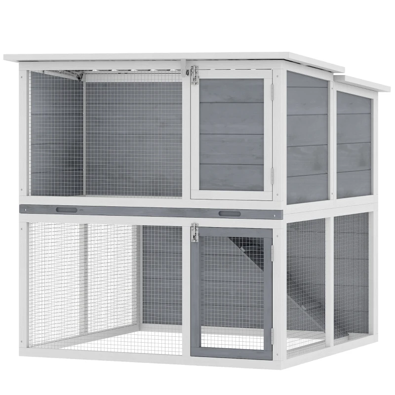 PawHut Casa para conejos exterior jaula para conejos 2 niveles espaciosa techo de doble apertura bandeja extraíble 98x95x102,5cm gris
