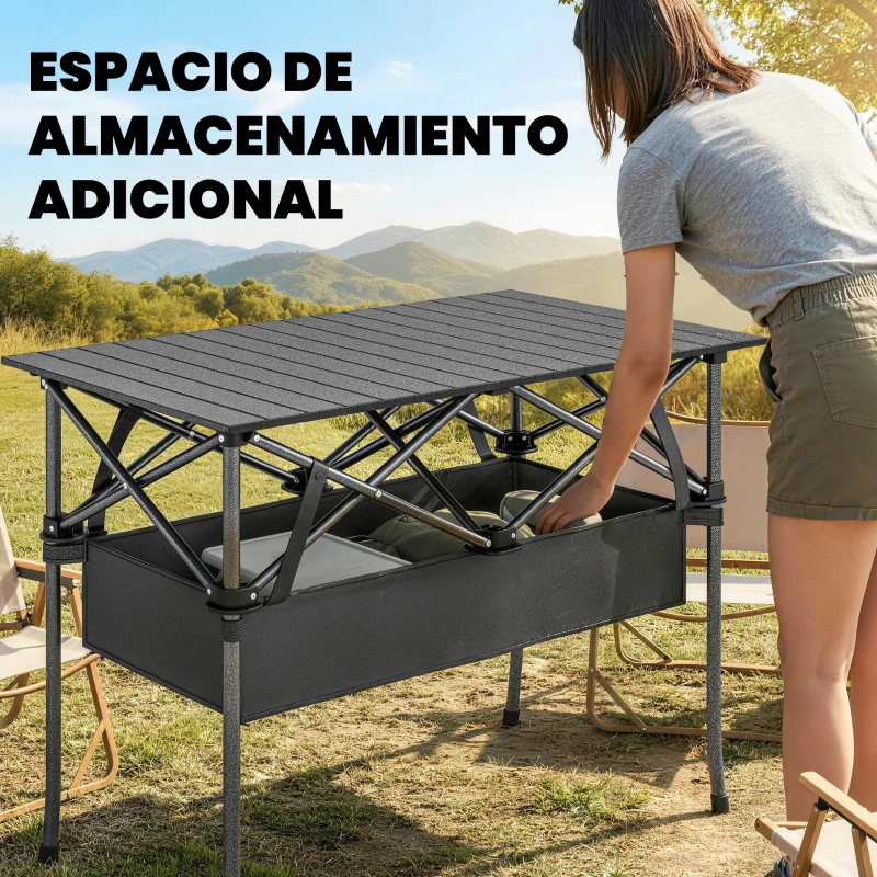 Outsunny Mesa Plegable Camping 93x55x68 cm con Red de Almacenamiento Encimera Enrollable de Aluminio Bolsa de Transporte Negro