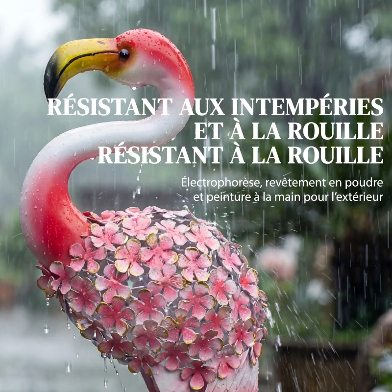 Outsunny Statue de Jardin Flamant Rose, Sculpture d'Oiseau en Métal avec Plumes Florales, 28 x 19 x 83 cm, Rouge