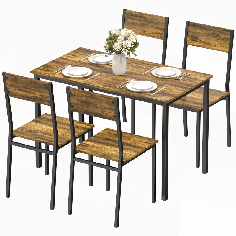 HOMCOM Set masă sufragerie cu 4 scaune, masă de bucătărie pentru 4 persoane, picioare din metal, maro rustic