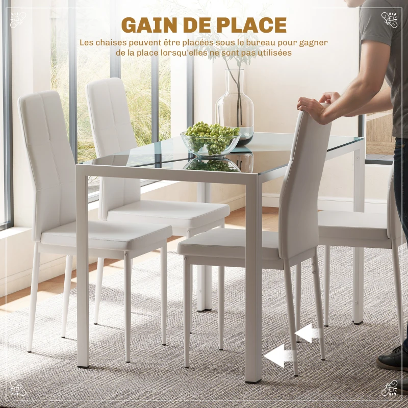 HOMCOM Ensemble table à manger et chaises pour 4 personnes, plateau rectangulaire en verre, pour cuisine salon maison, blanc