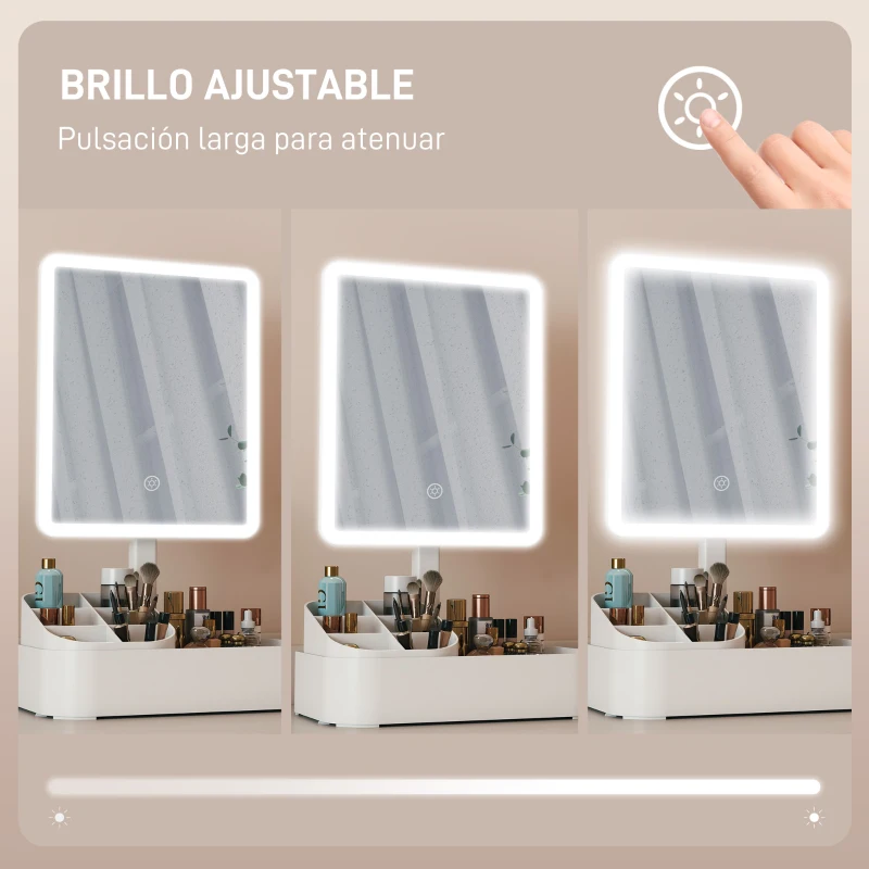 HOMCOM Espejo Maquillaje con Luz Recargable con 2 Modos de Iluminación Rotación de 180° Brillo Ajustable Blanco