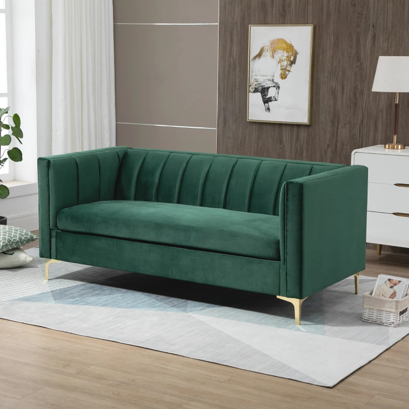 HOMCOM Canapé 3 Places Style Art Déco piètement Acier doré revêtement Velours Vert Sapin
